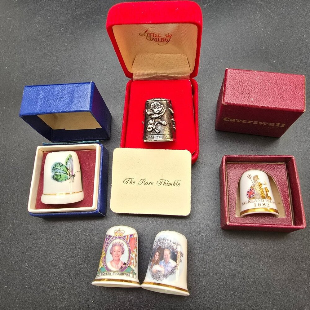 Vintage Thimbles Lot of 6 China & Sterling Silver Rose England Falklands VL4043
